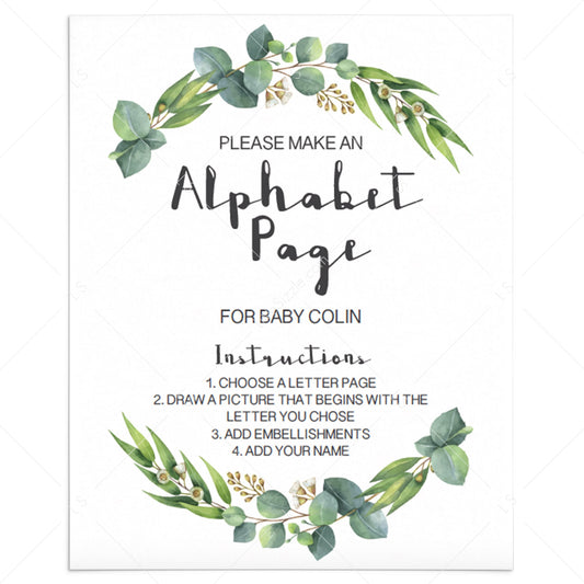 Botanical baby shower ABC page book game by LittleSizzle