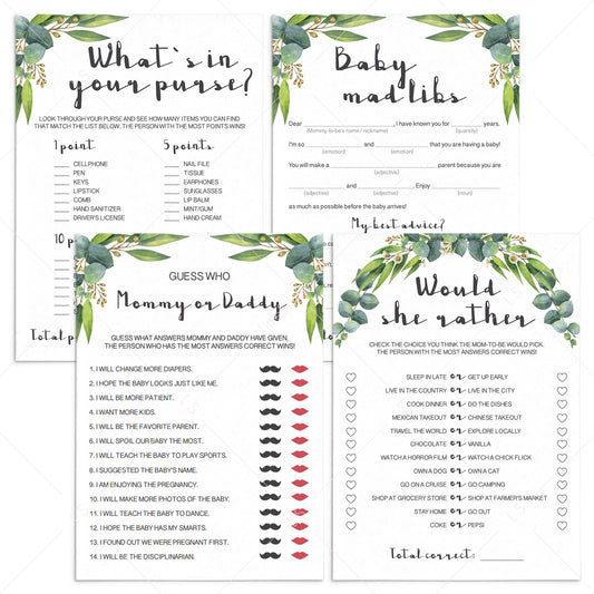 Popular games for baby shower printables eucalyptus leaves by LittleSizzle
