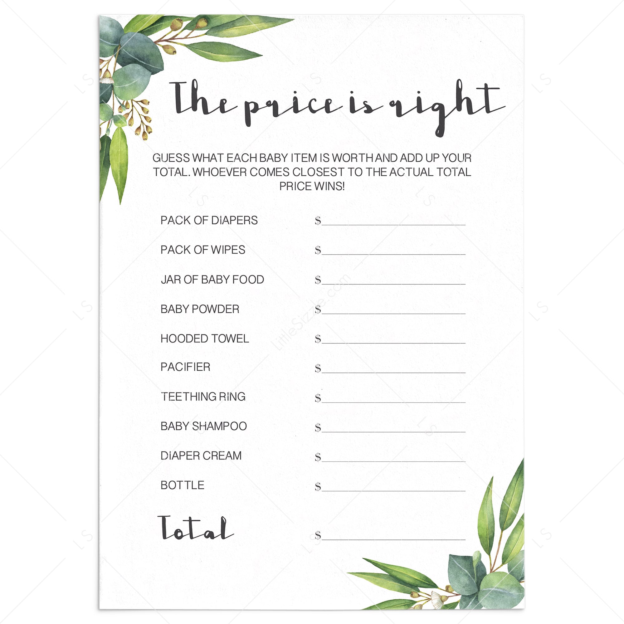 Greenery baby shower the price is right game printable by LittleSizzle