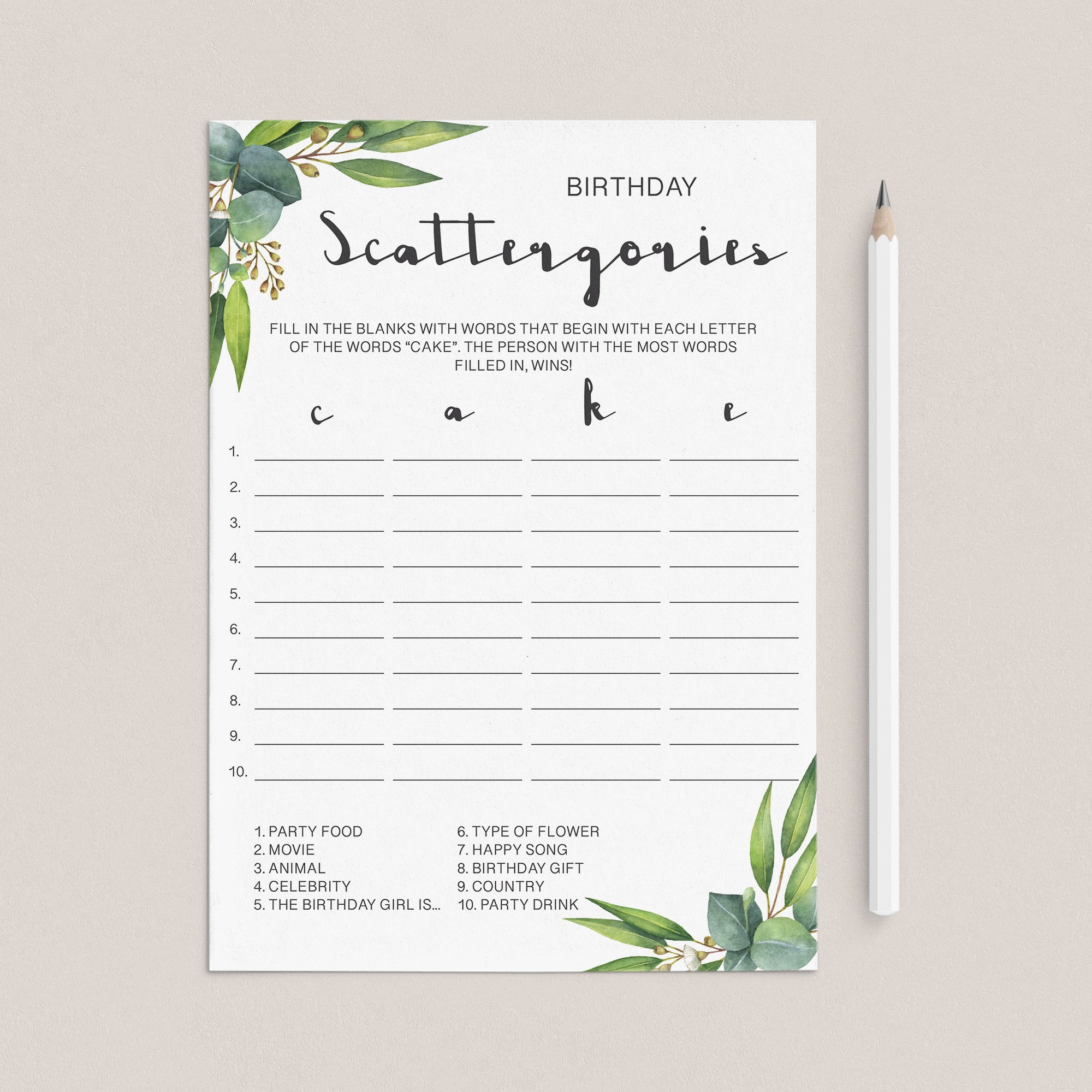 Eucalyptus Birthday Party Ideas Scattergories Game Printable by LittleSizzle