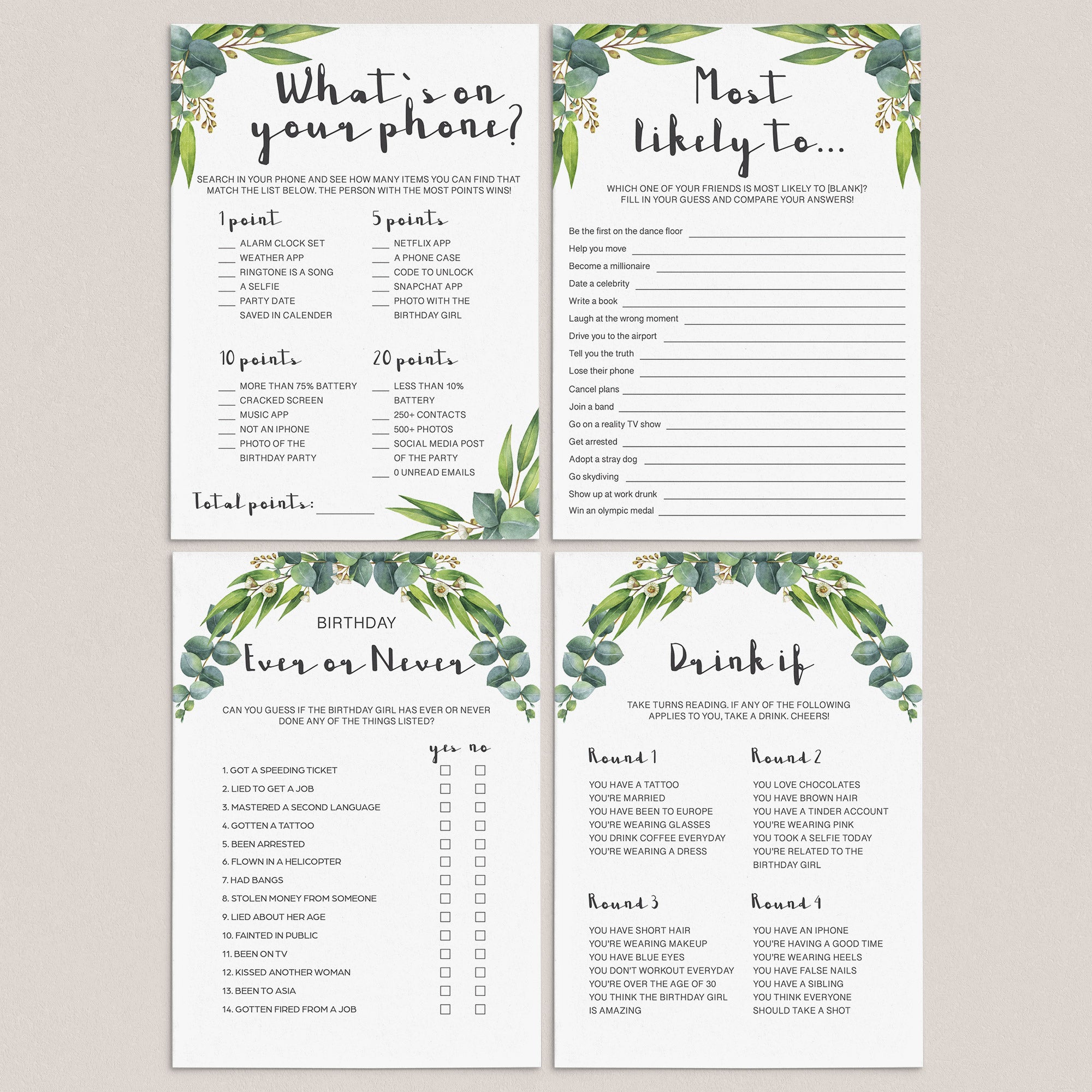 Botanical Adult Party Games Package Instant Download by LittleSizzle