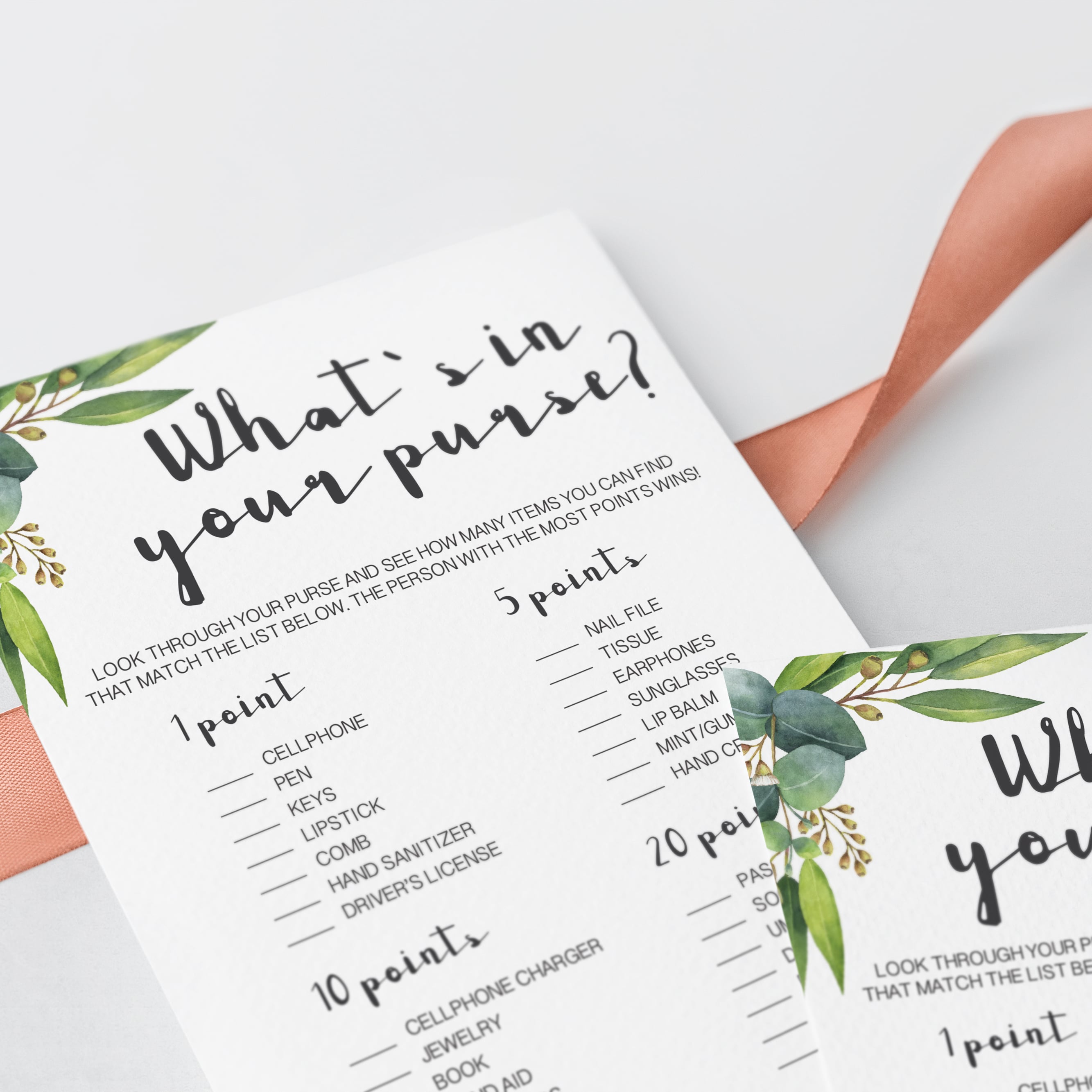 Eucalyptus baby shower game whats in your purse by LittleSizzle
