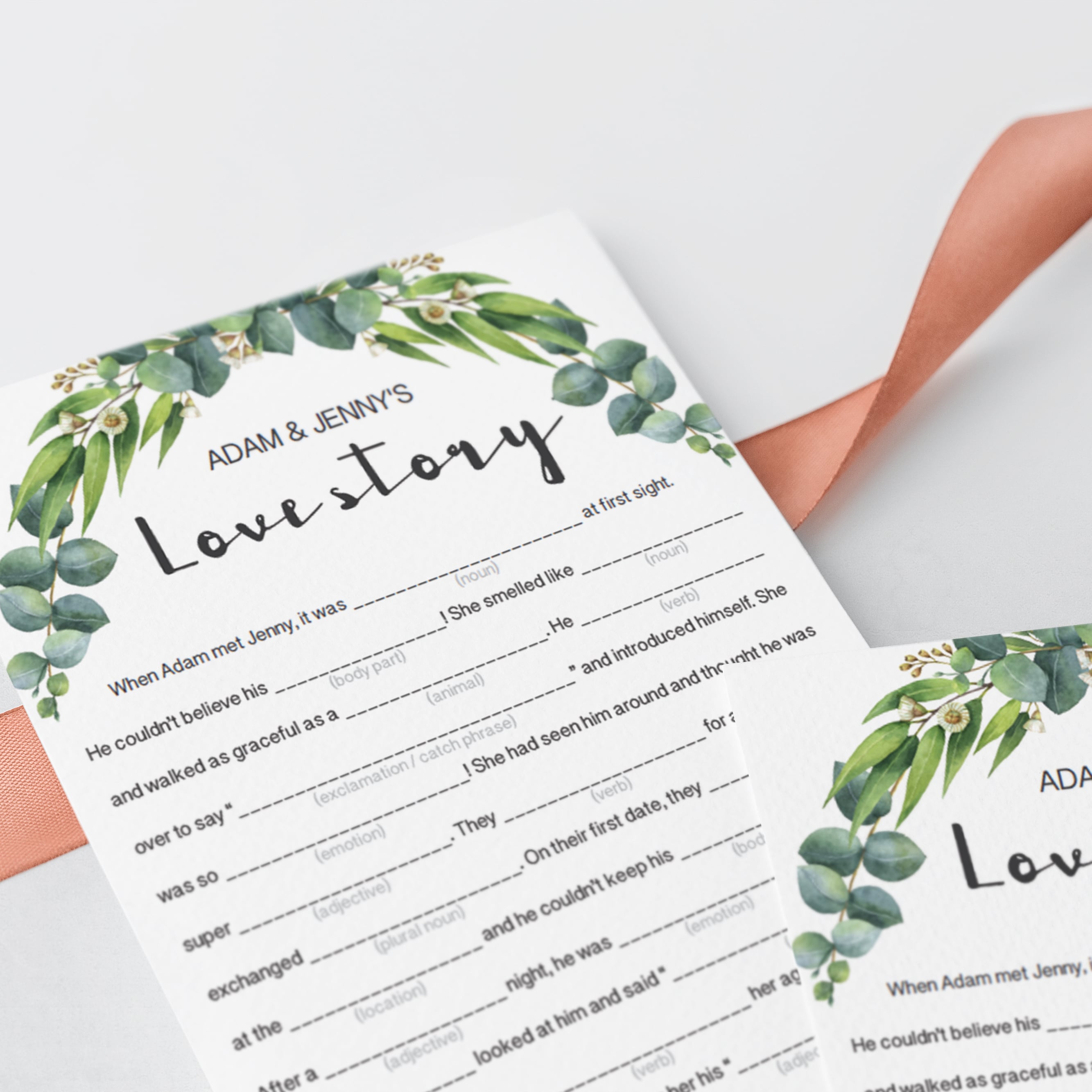 eucalyptus wedding shower mad libs game cards
