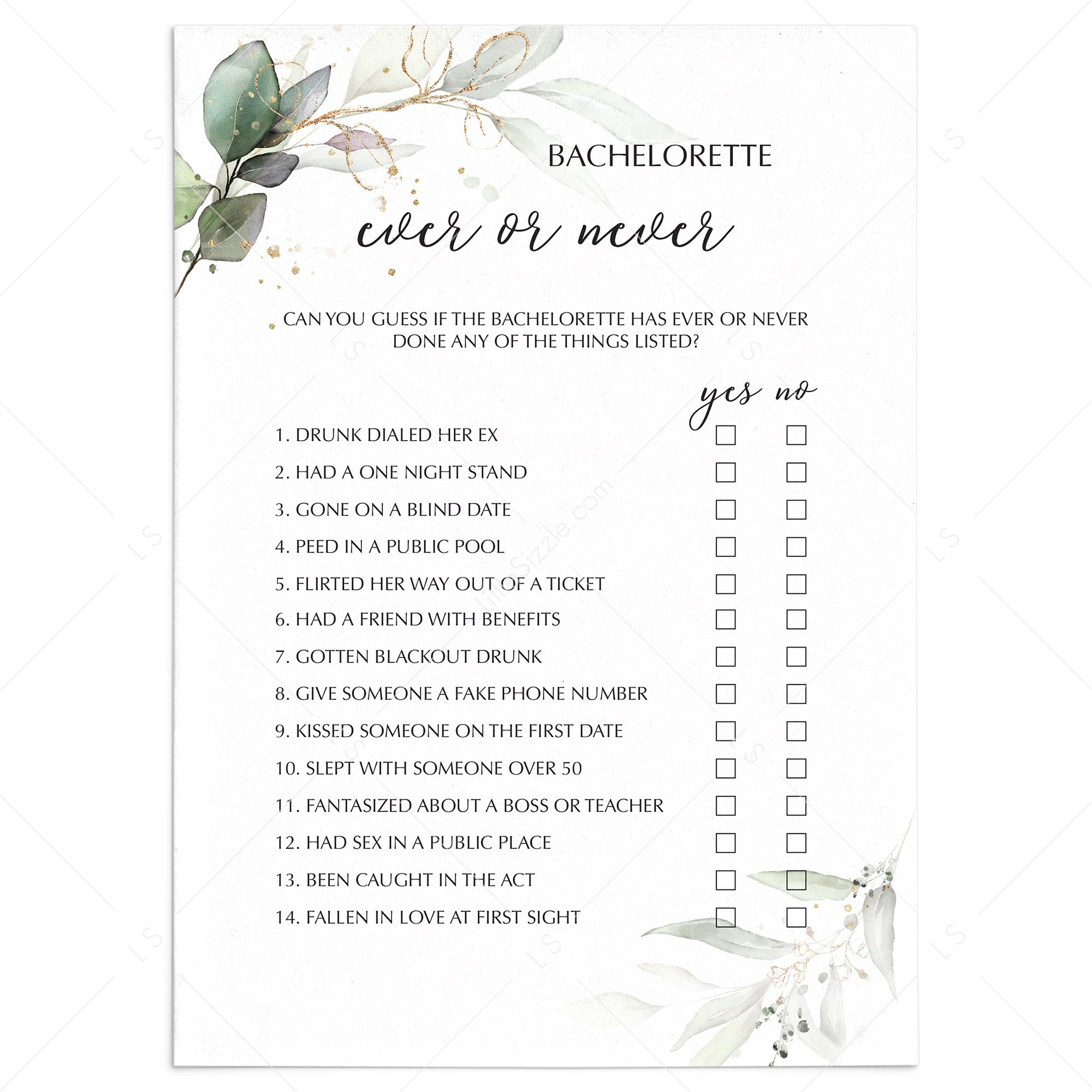 Ever or Never Bachelorette Party Game Greenery Gold by LittleSizzle