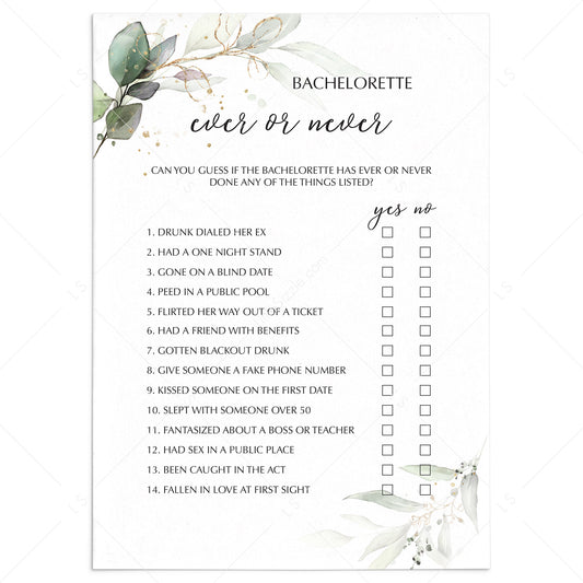 Ever or Never Bachelorette Party Game Greenery Gold by LittleSizzle