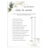 Ever or Never Bachelorette Party Game Greenery Gold by LittleSizzle