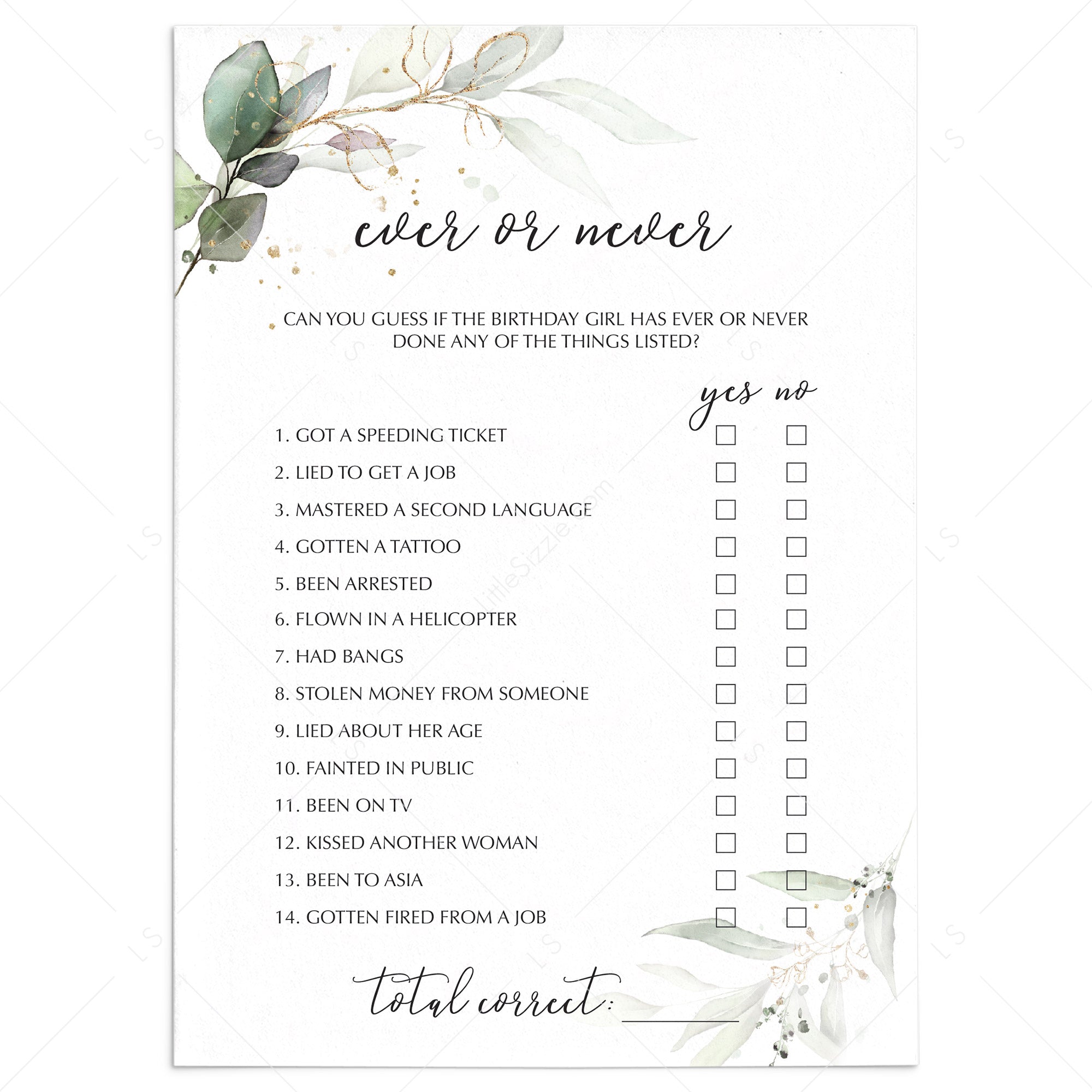 Adult Ever or Never Birthday Game Printable Greenery Gold by LittleSizzle