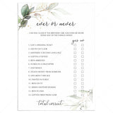 Adult Ever or Never Birthday Game Printable Greenery Gold by LittleSizzle
