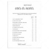 Ever or Never Birthday Game for Her Printable by LittleSizzle