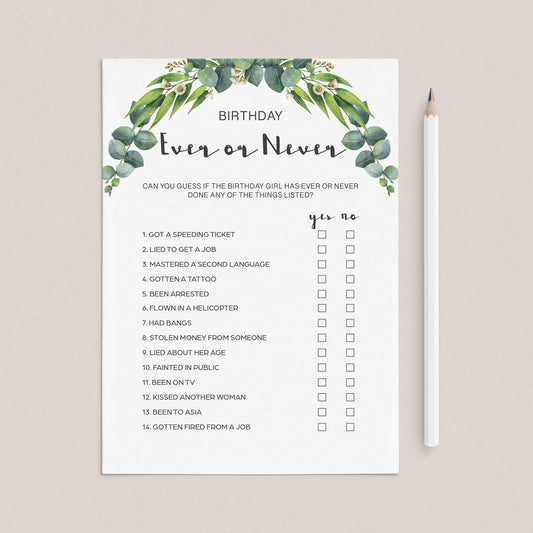 Funny Birthday Party Game for Women Ever or Never Printable by LittleSizzle