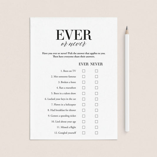 Ever or Never Icebreaker Game Conversation Starter Printable by LittleSizzle