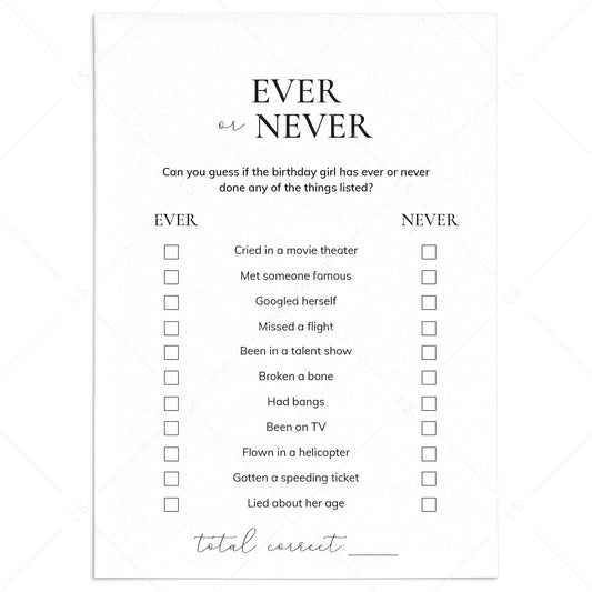 Birthday Icebreaker Game for Her Ever or Never Printable by LittleSizzle