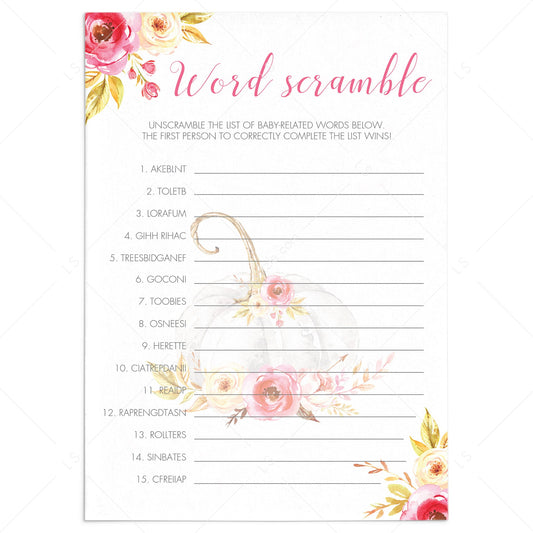 Pumpkin baby shower games word scramble download by LittleSizzle