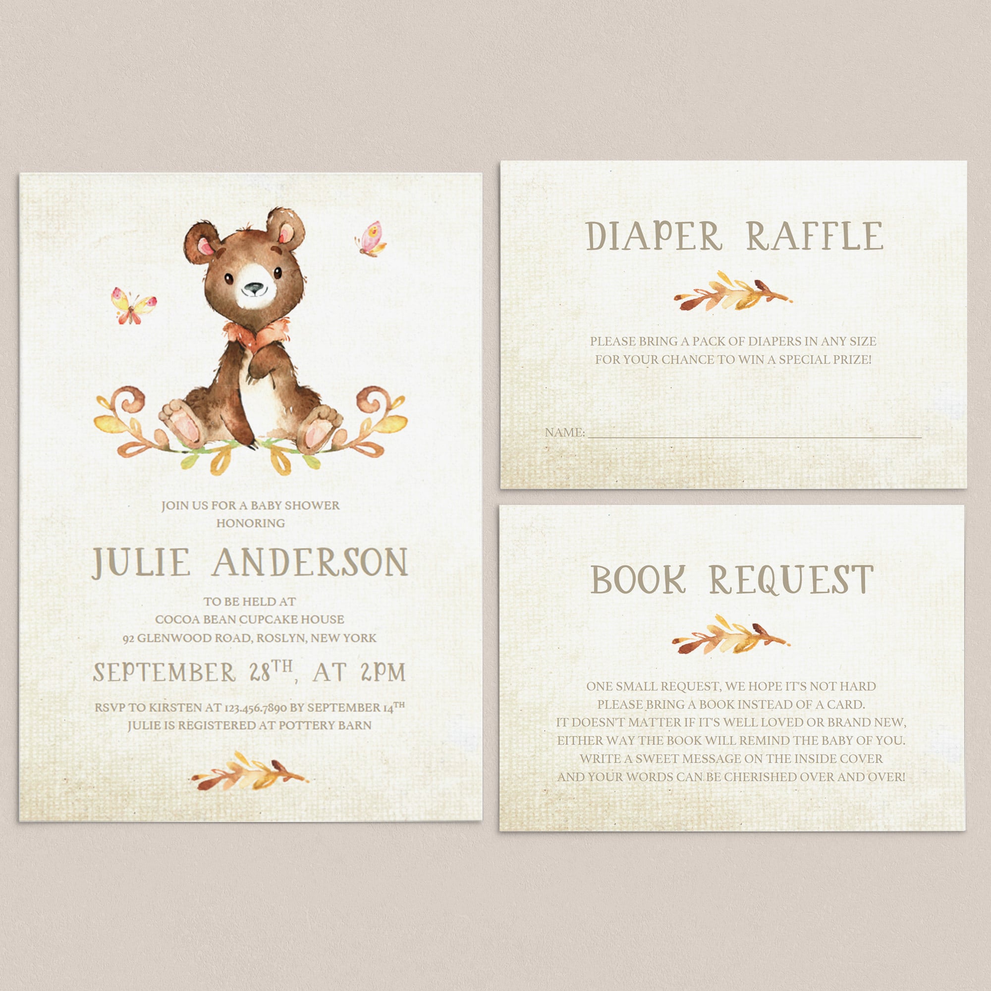 Bear baby shower invitation set templates with watercolor leaves by LittleSizzle