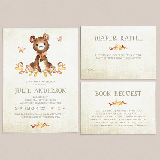 Bear baby shower invitation set templates with watercolor leaves by LittleSizzle