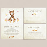 Bear baby shower invitation set templates with watercolor leaves by LittleSizzle