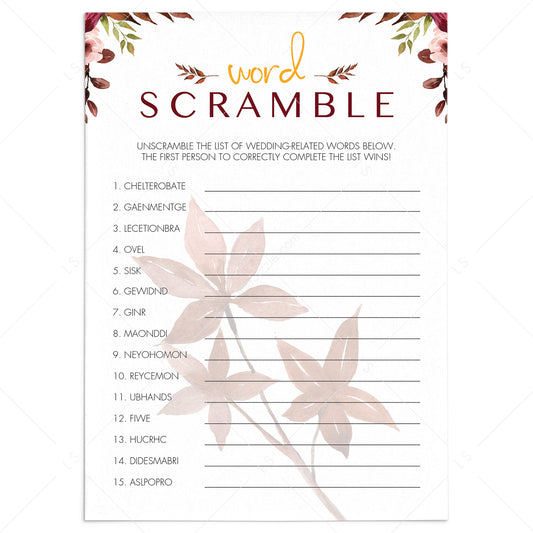 Autumn Leaves Bridal Shower Game Word Scramble Printable by LittleSizzle