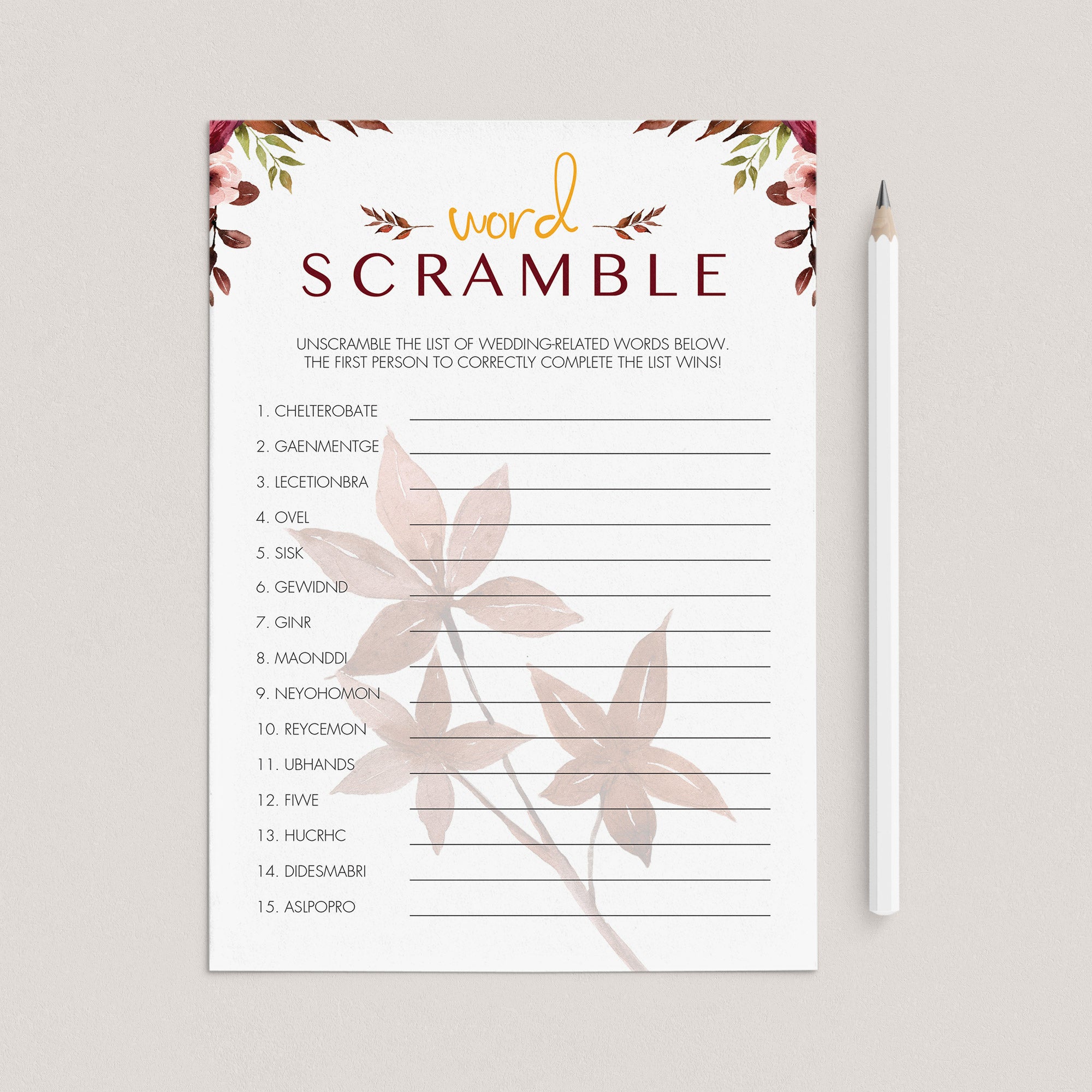 Autumn Leaves Bridal Shower Game Word Scramble Printable by LittleSizzle