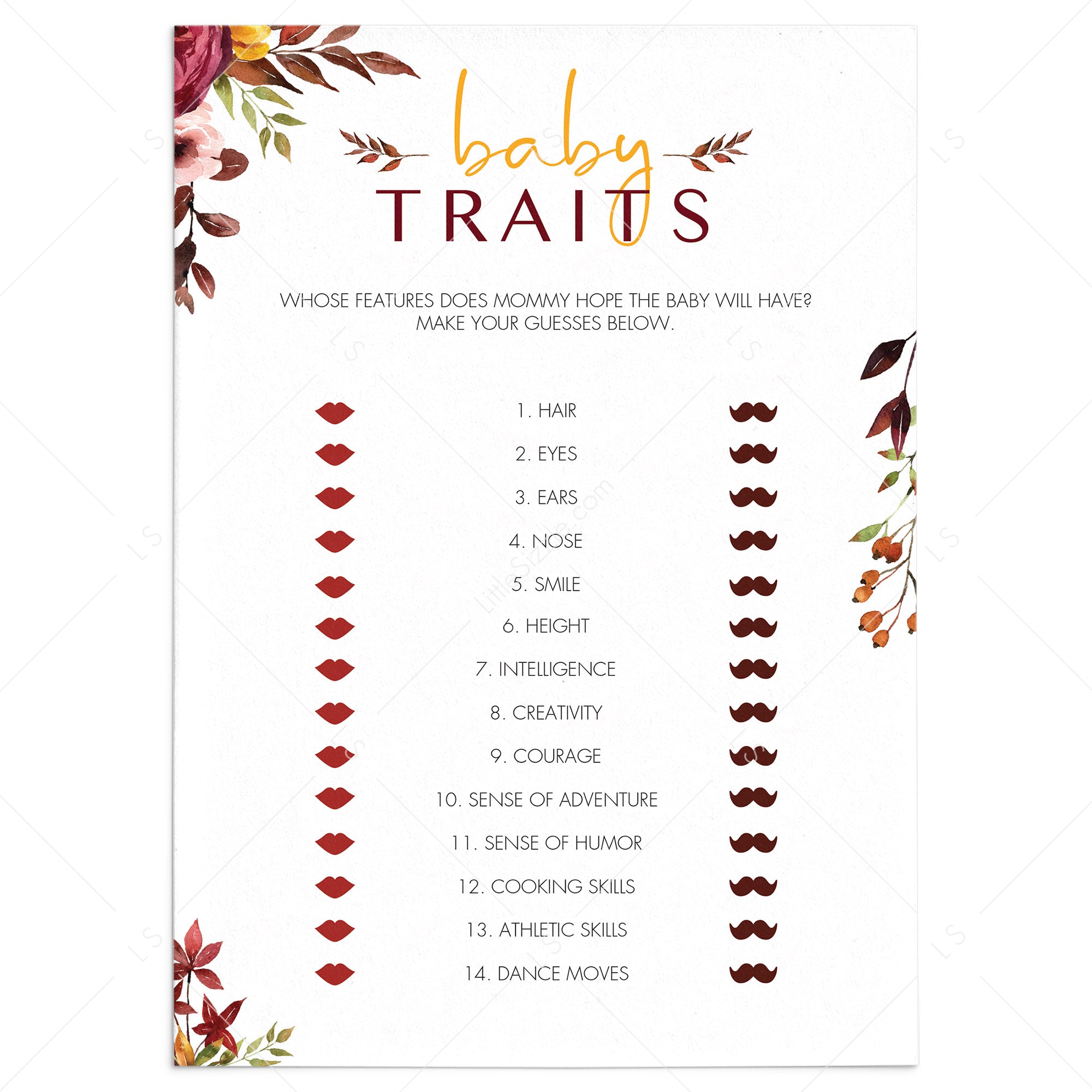 Bohemian BabyShower Baby Traits Game Printable by LittleSizzle