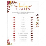 Bohemian BabyShower Baby Traits Game Printable by LittleSizzle