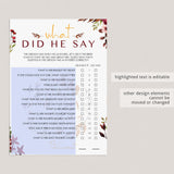 Fall Wedding Shower Game What Did He Say Editable Template