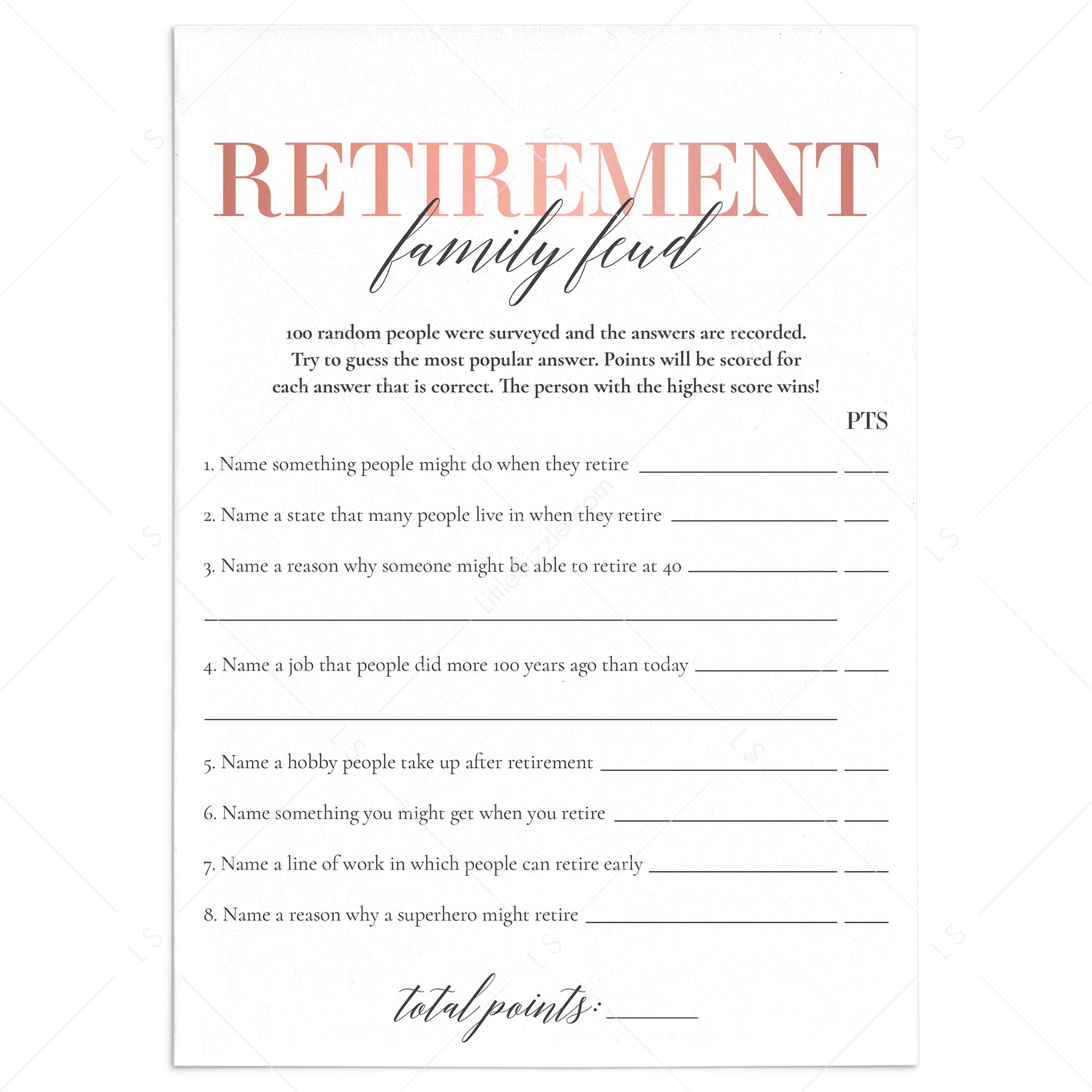 Blush Retirement Family Feud Game with Answer Key Printable by LittleSizzle