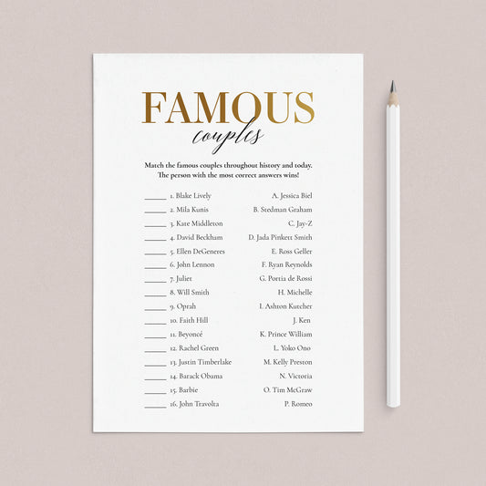 Gold Celebrity Couples Match Game with Answers Printable by LittleSizzle