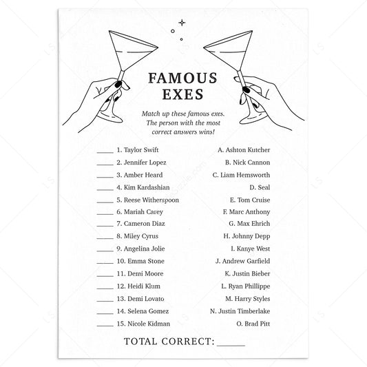 Match The Celebrity Exes Game with Answers Printable by LittleSizzle