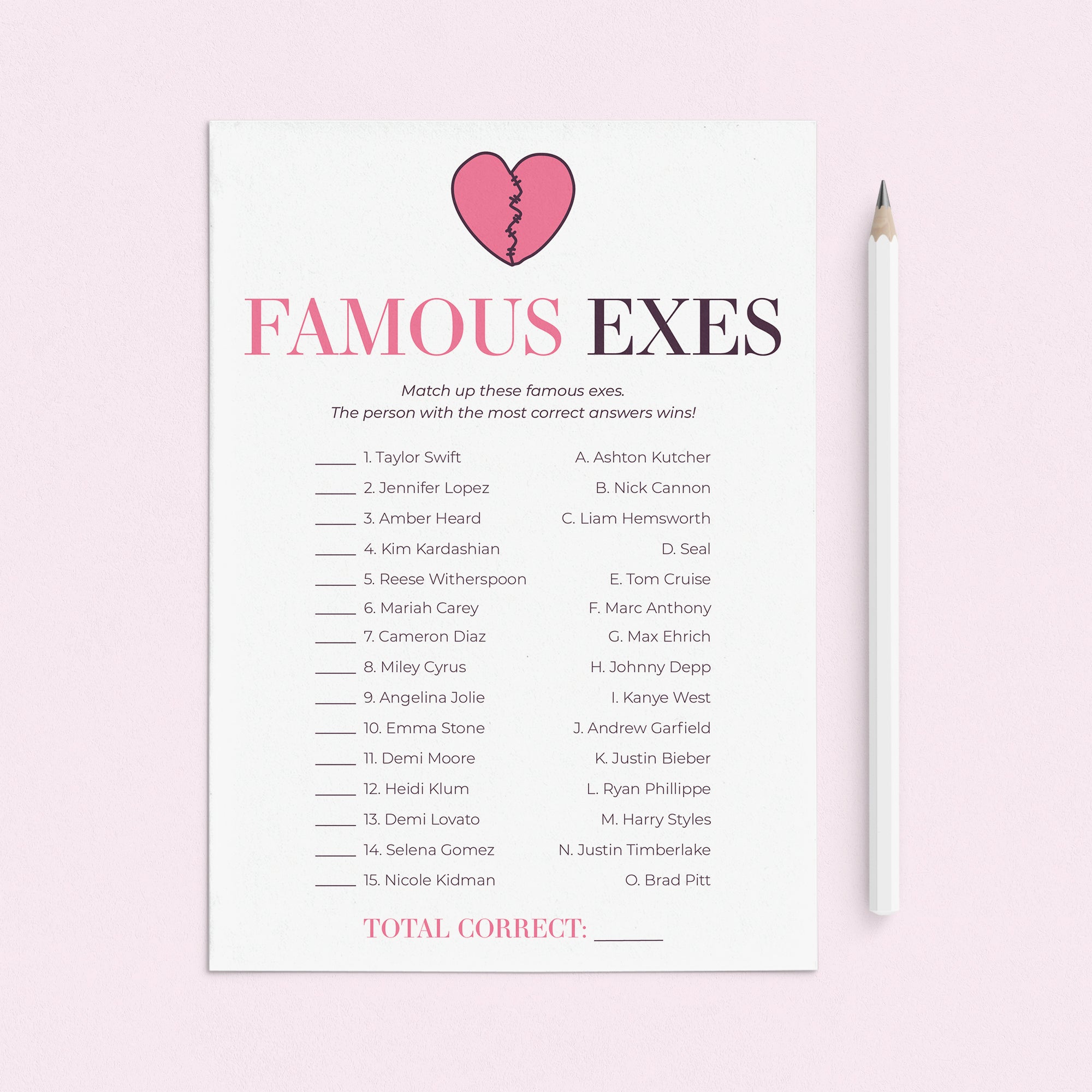 Famous Exes Match Game with Answer Key Printable by LittleSizzle