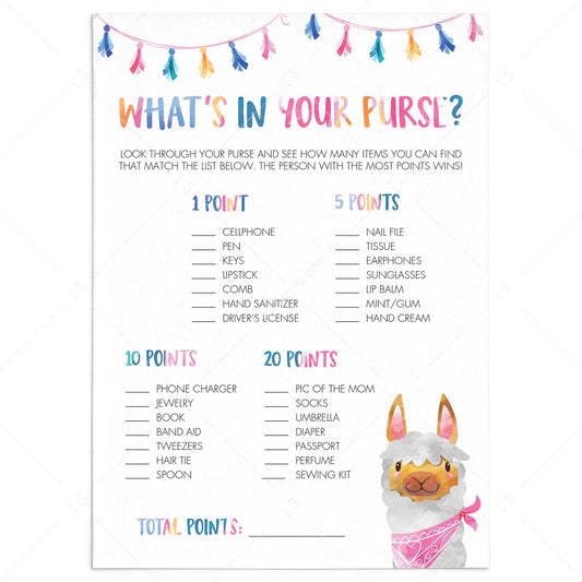 Fiesta Baby Shower Game What's In Your Purse Printable by LittleSizzle
