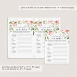 Blush Floral Wedding Games Word Scramble Printable & Virtual