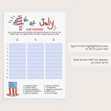 4th of July Scattergories Printable