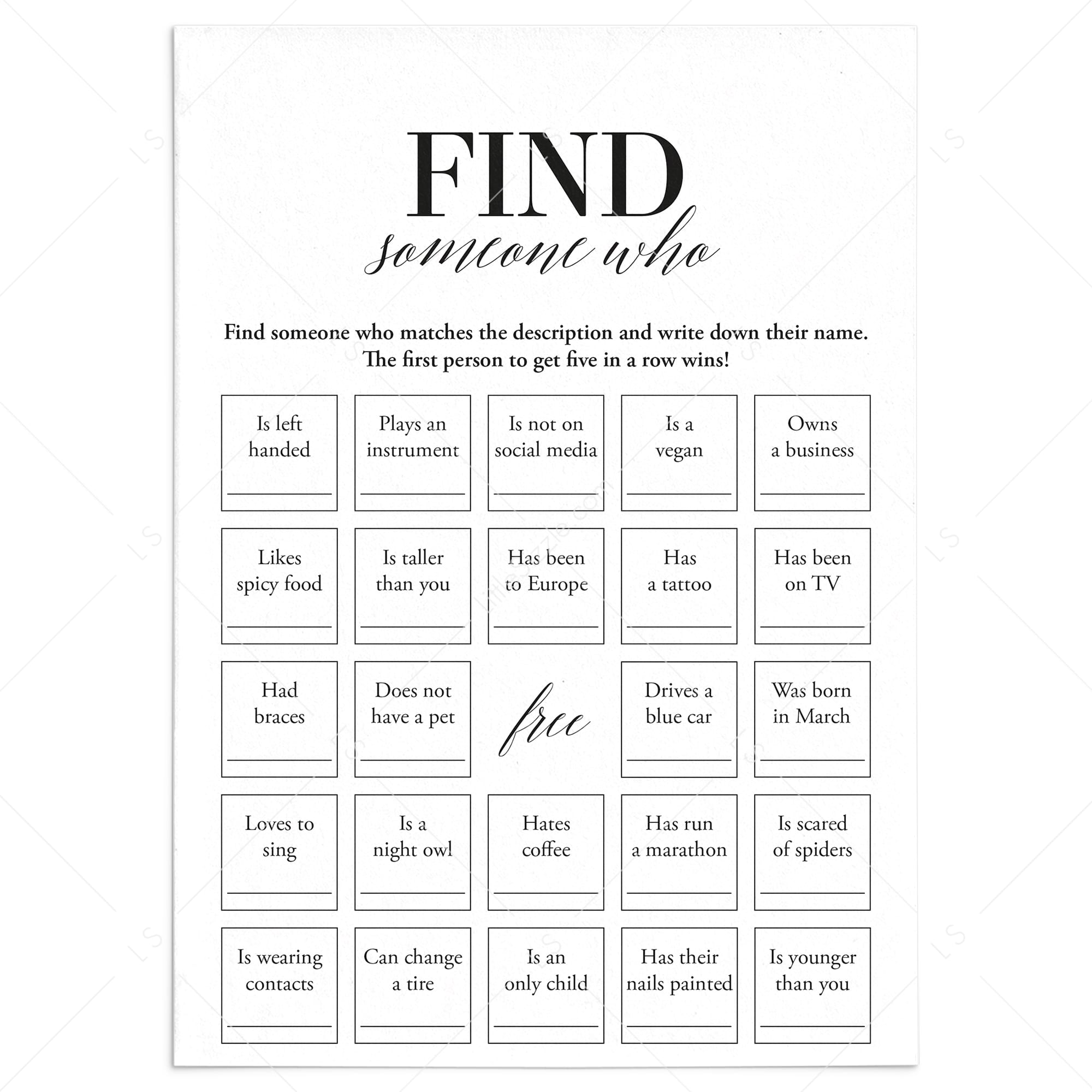 Icebreaker Bingo Find Someone Who Printable by LittleSizzle