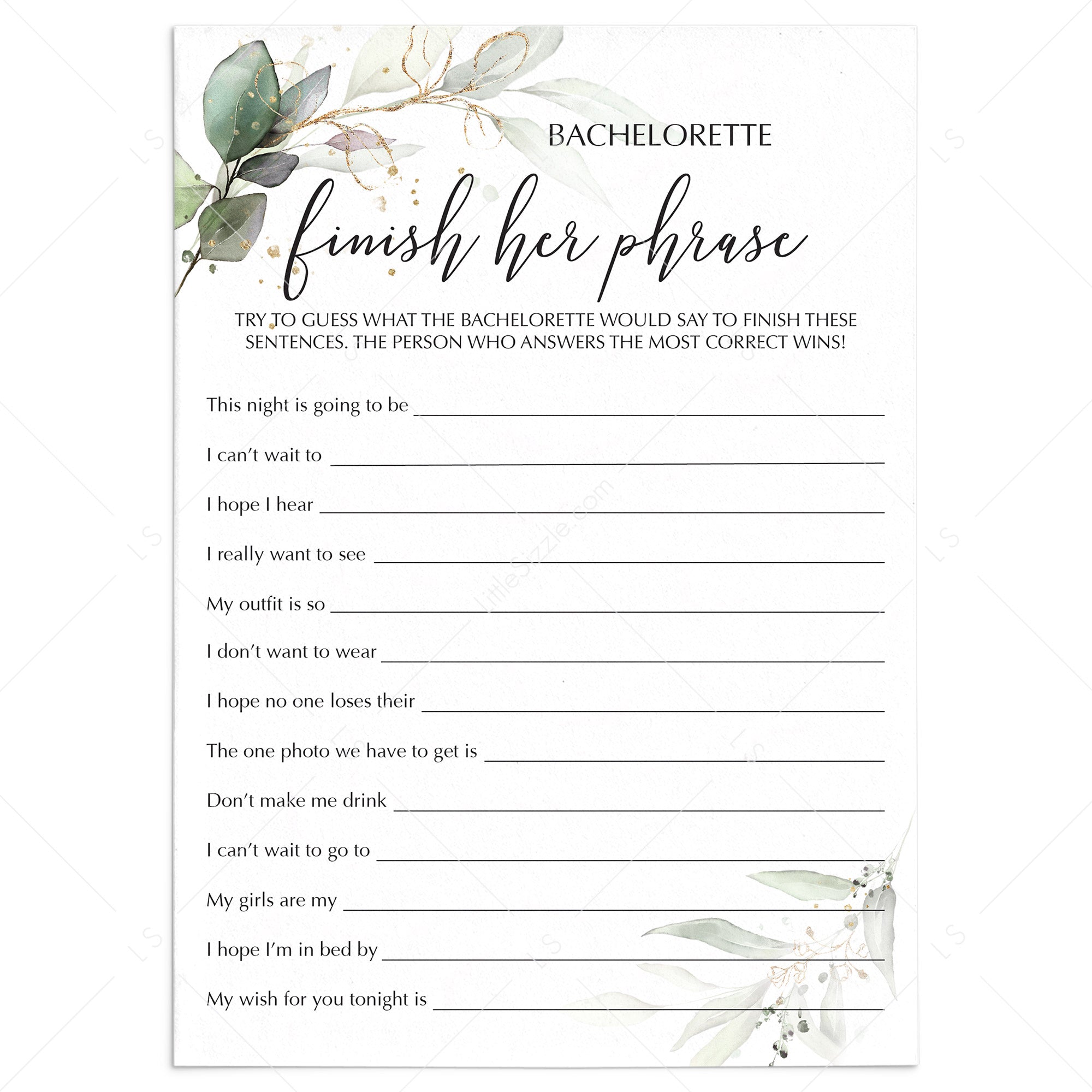 Hen Party Icebreaker Finish The Bachelorette's Phrase Printable by LittleSizzle