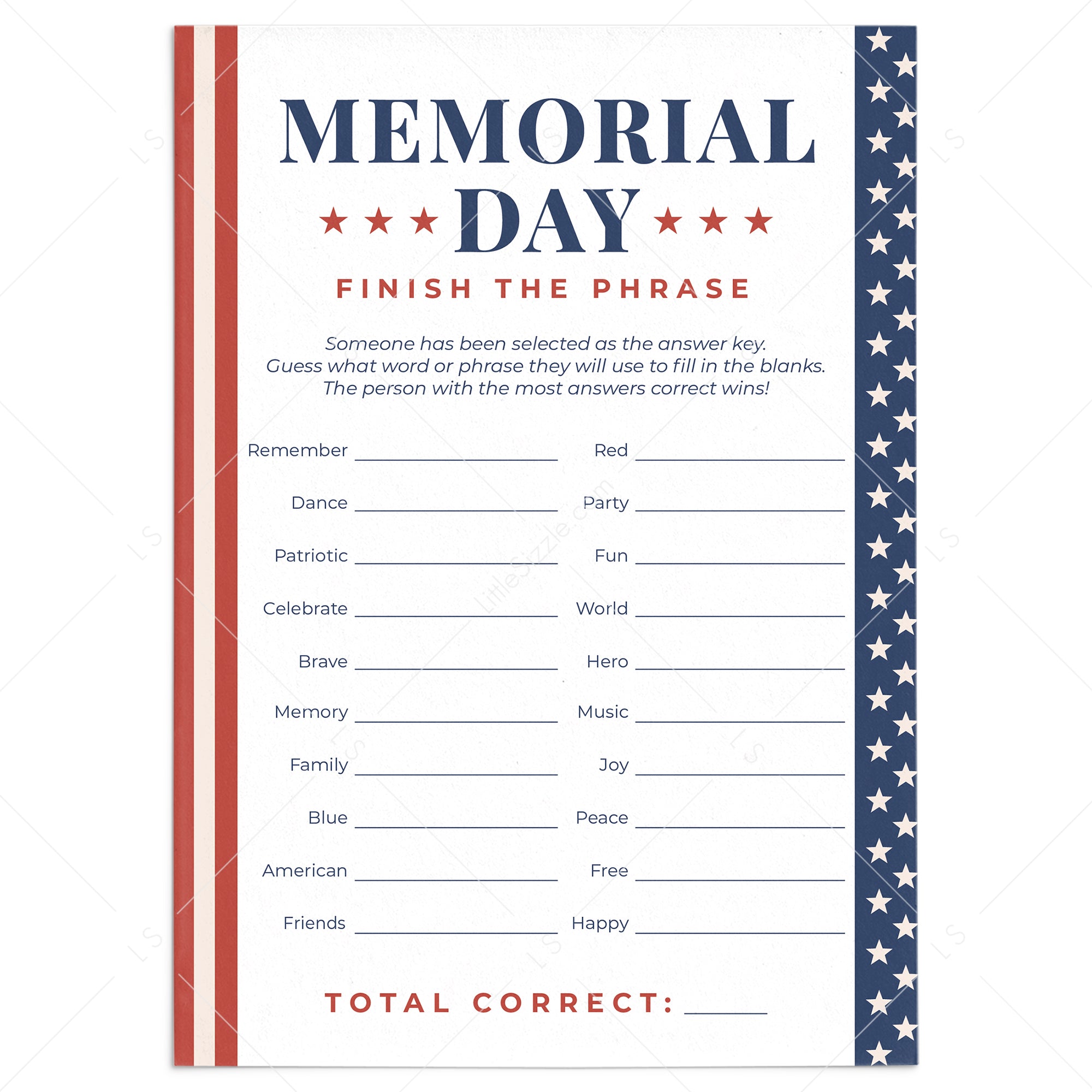 Printable Memorial Day Game for Family Finish The Phrase by LittleSizzle
