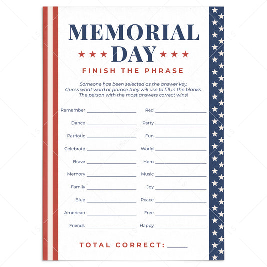 Printable Memorial Day Game for Family Finish The Phrase by LittleSizzle