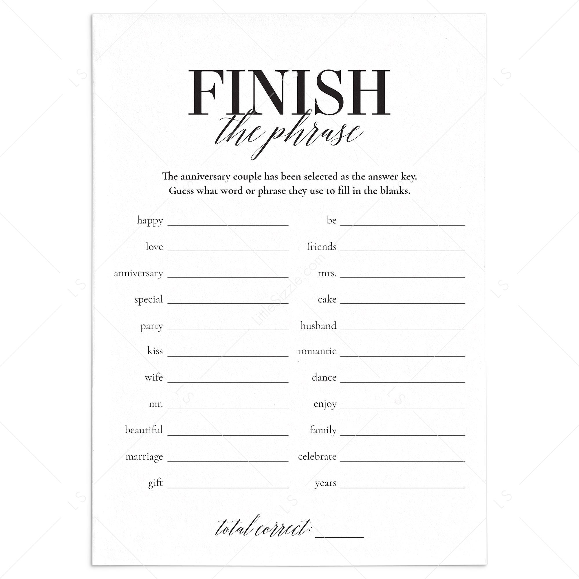 Anniversary Party Game for Group Finish The Phrase Printable