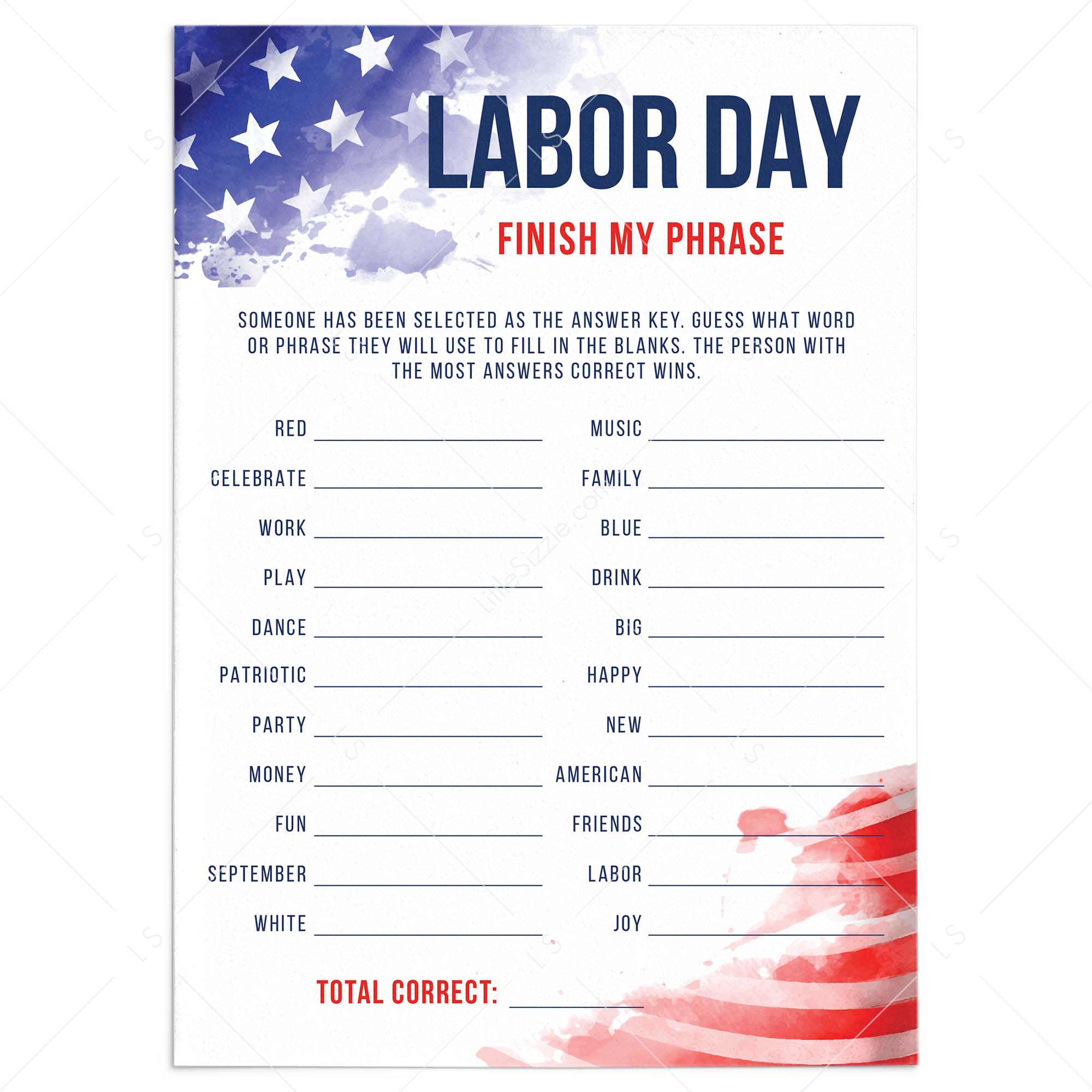 Patriotic Party Game for Family Labor Day Finish My Phrase by LittleSizzle