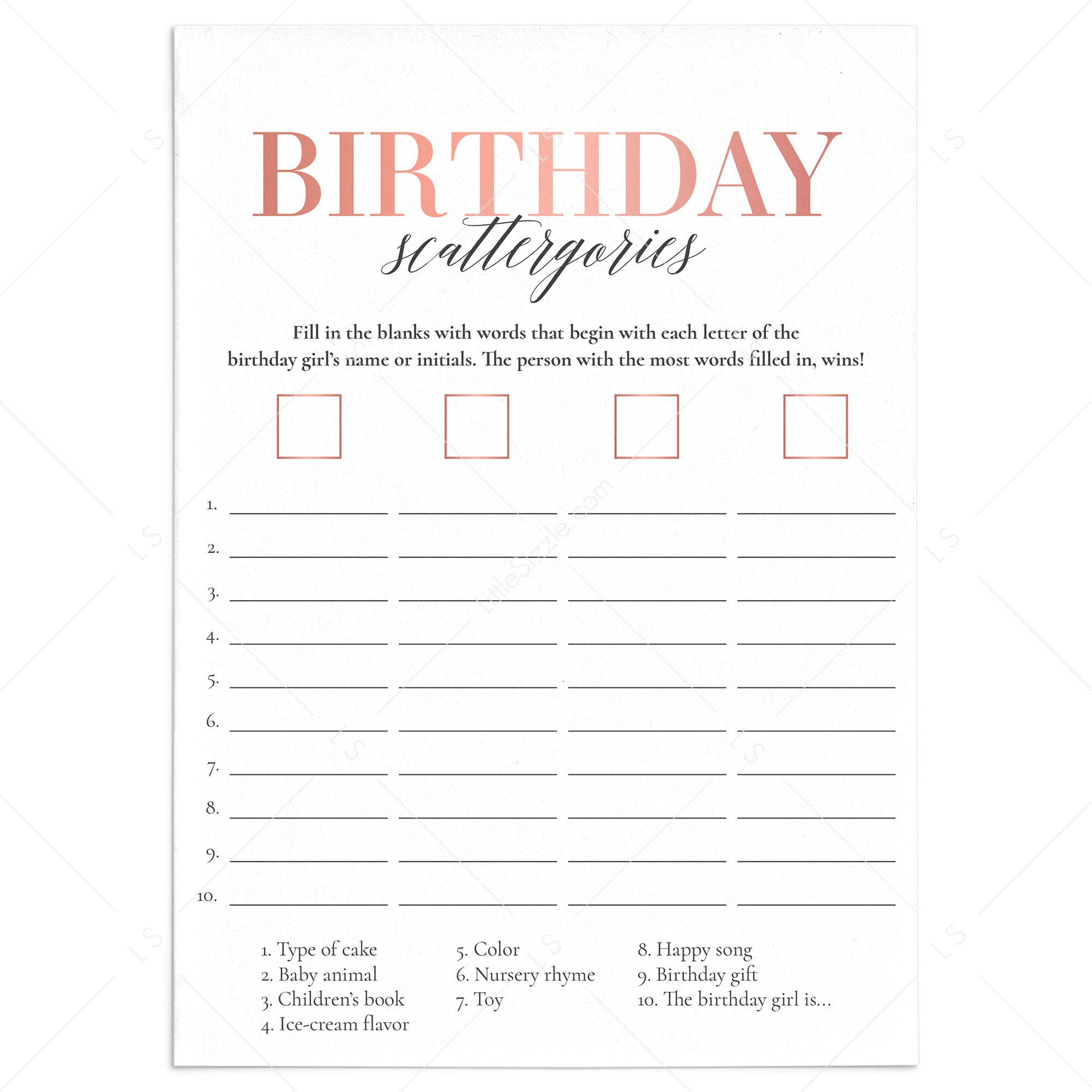 Girl First Birthday Party Game Scattergories Printable by LittleSizzle