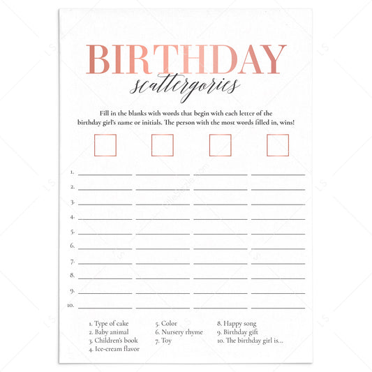 Girl First Birthday Party Game Scattergories Printable by LittleSizzle
