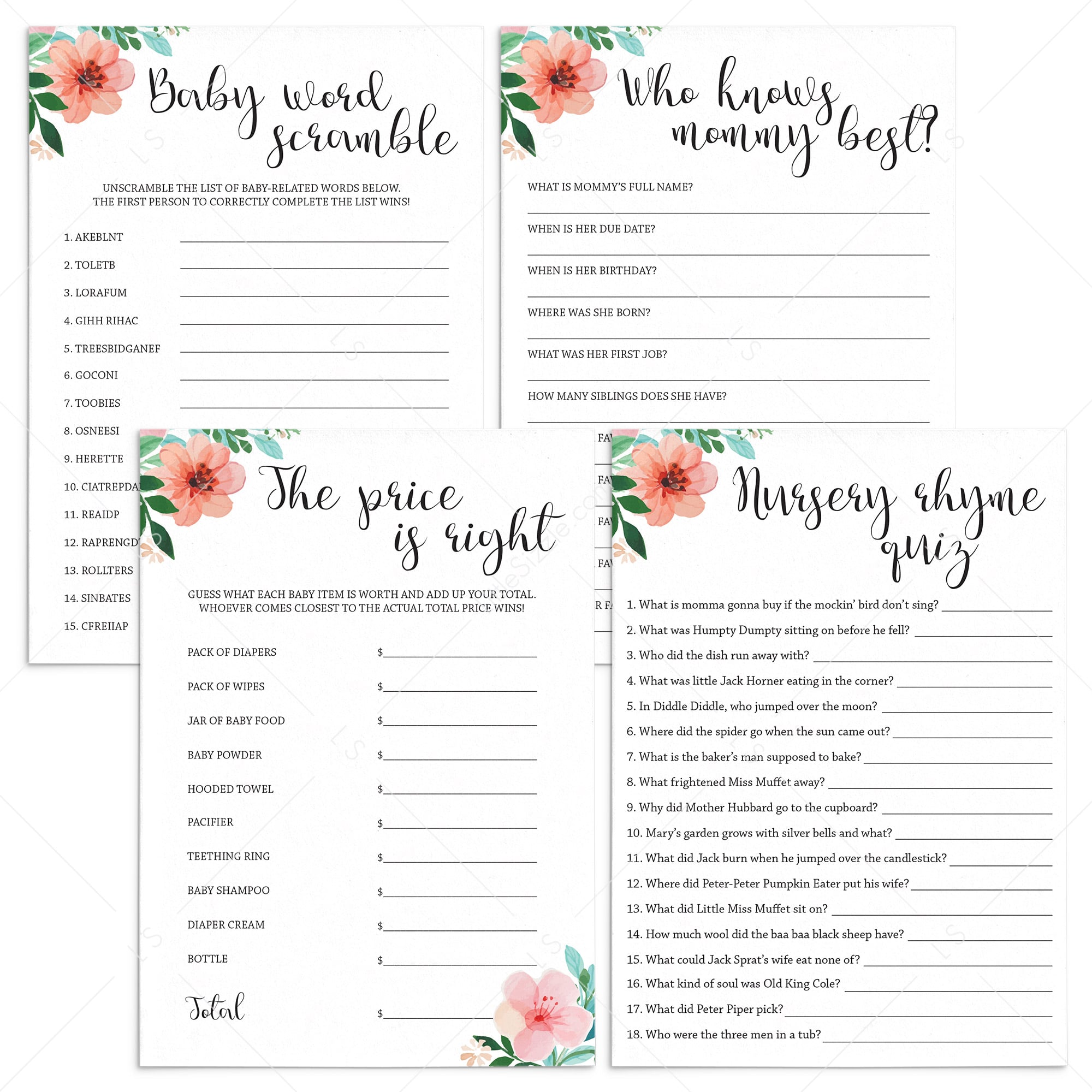 Printable baby shower games pack for girls by LittleSizzle