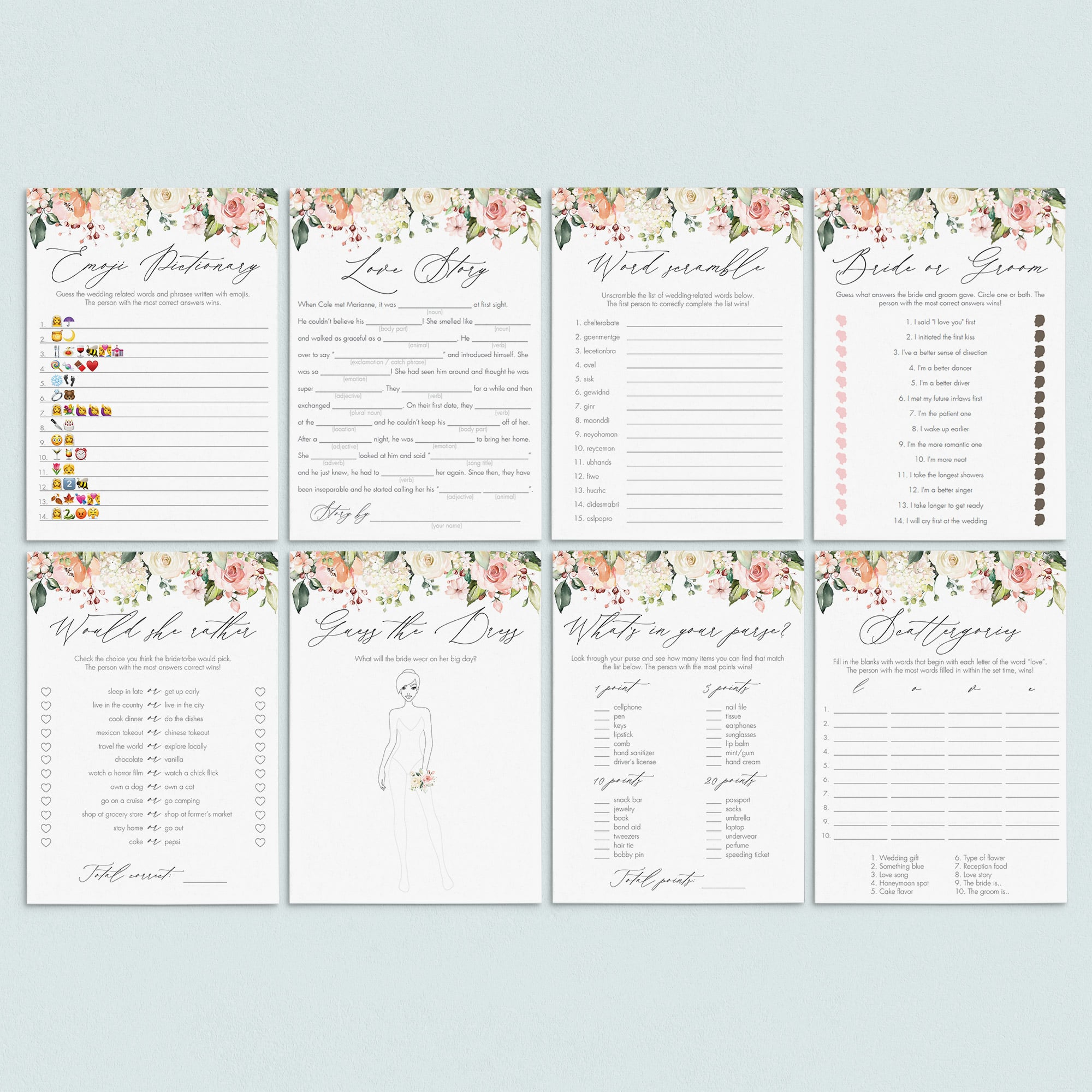 Blush roses bridal shower games package printable