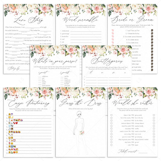 Blush roses bridal shower games package printable