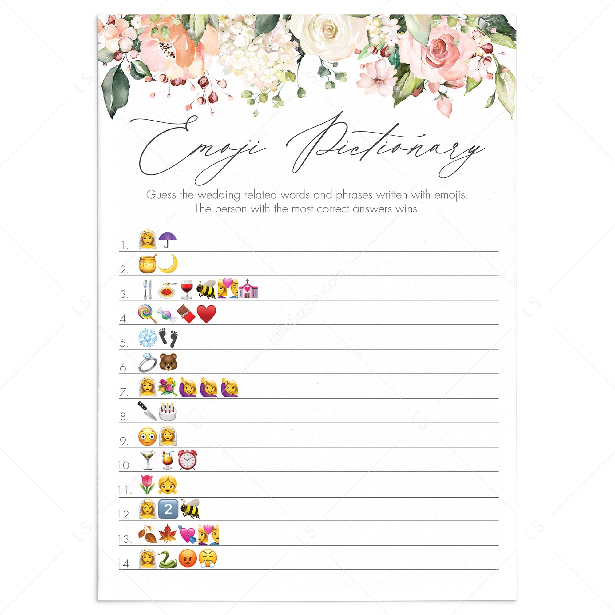 floral bridal shower emoji pictionary game printable by LittleSizzle