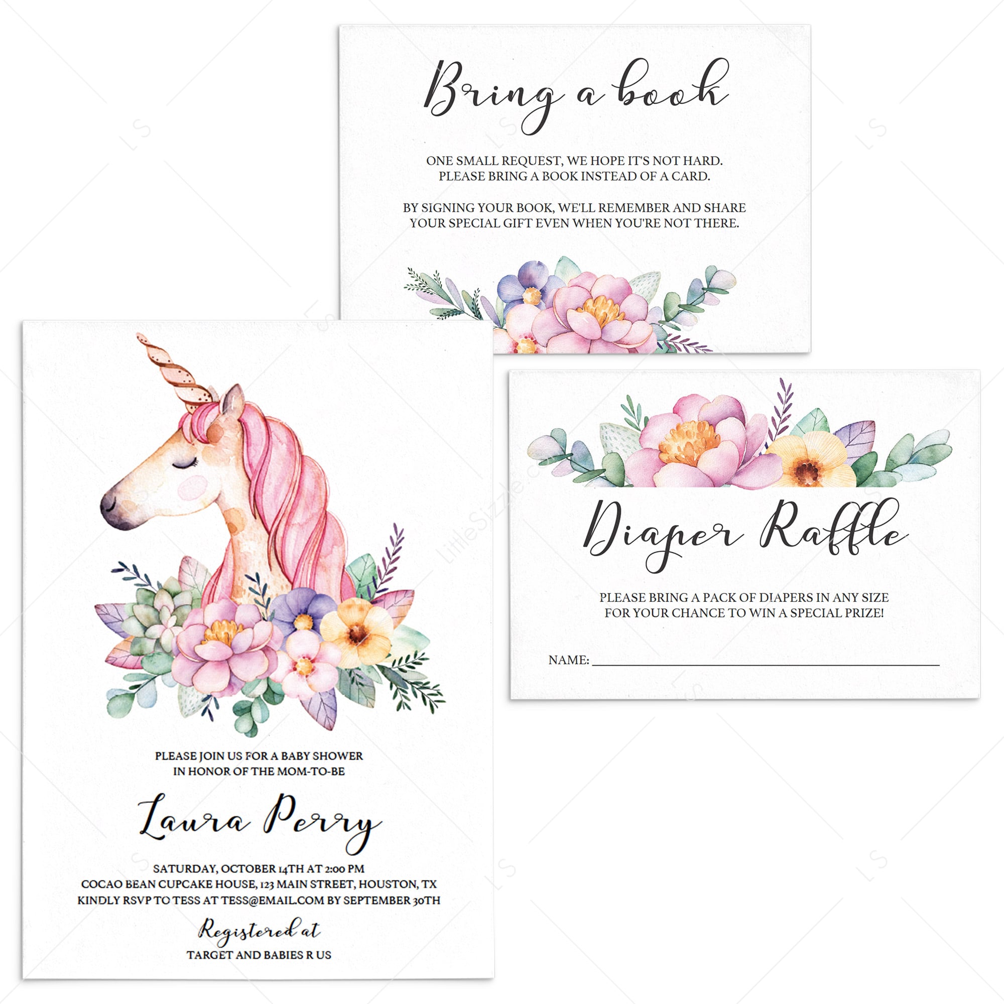Unicorn themed baby shower invitation templates by LittleSizzle