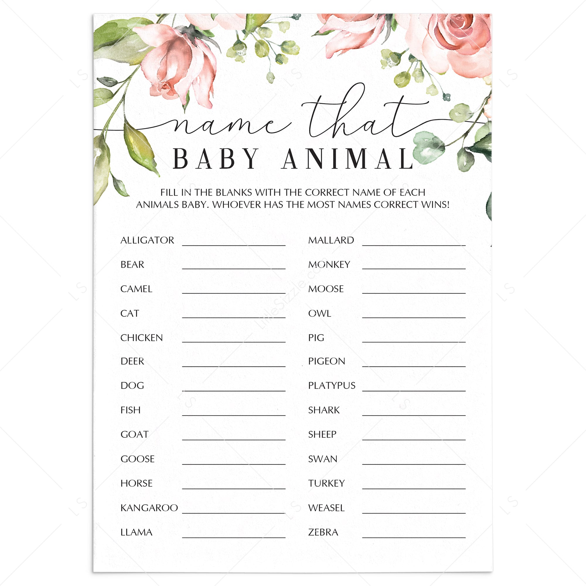 Guess the baby animal baby shower game floral theme by LittleSizzle