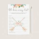 Tribal Baby Shower Game Who Knows Mommy Best with Pink Flowers by LittleSizzle