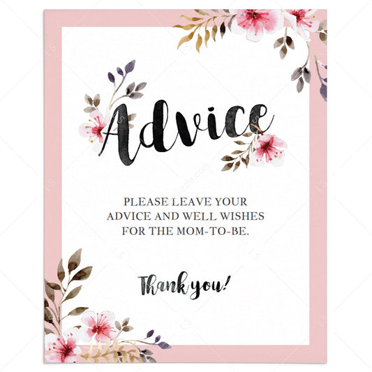 Floral watercolor baby shower advice sign template by LittleSizzle