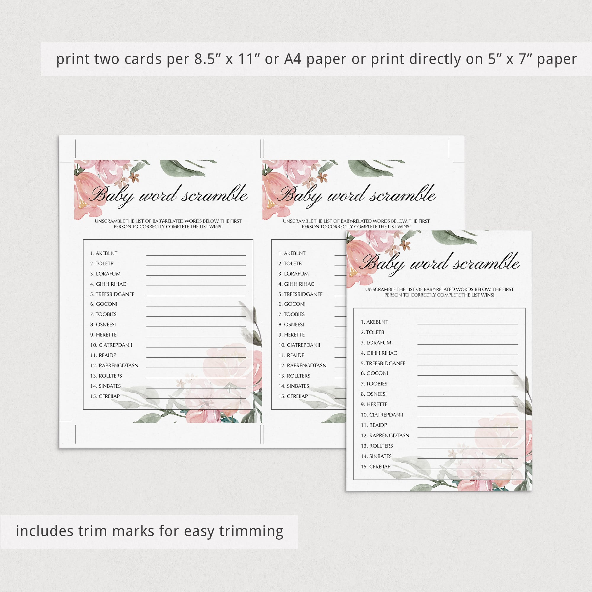 Word scramble game for neutral baby sprinkle by LittleSizzle