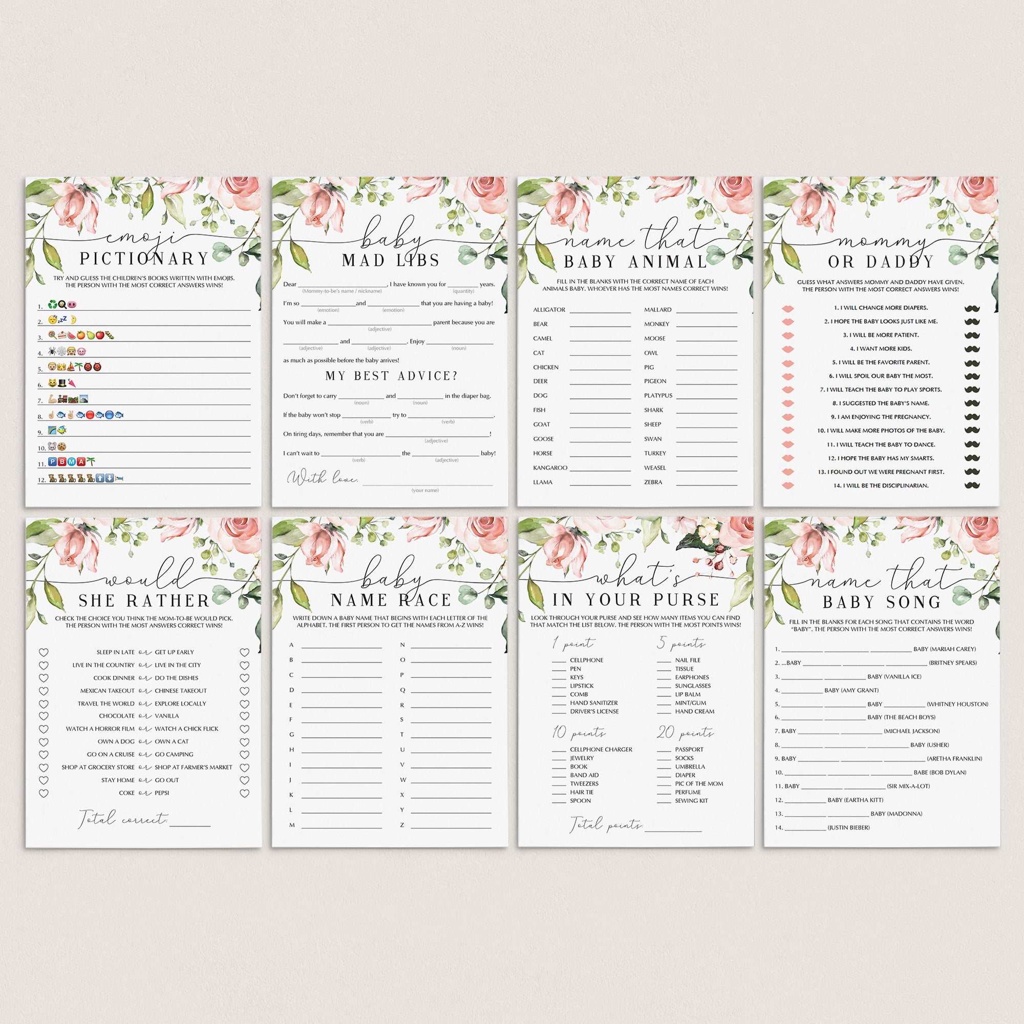 Blush floral baby party games package printable by LittleSizzle